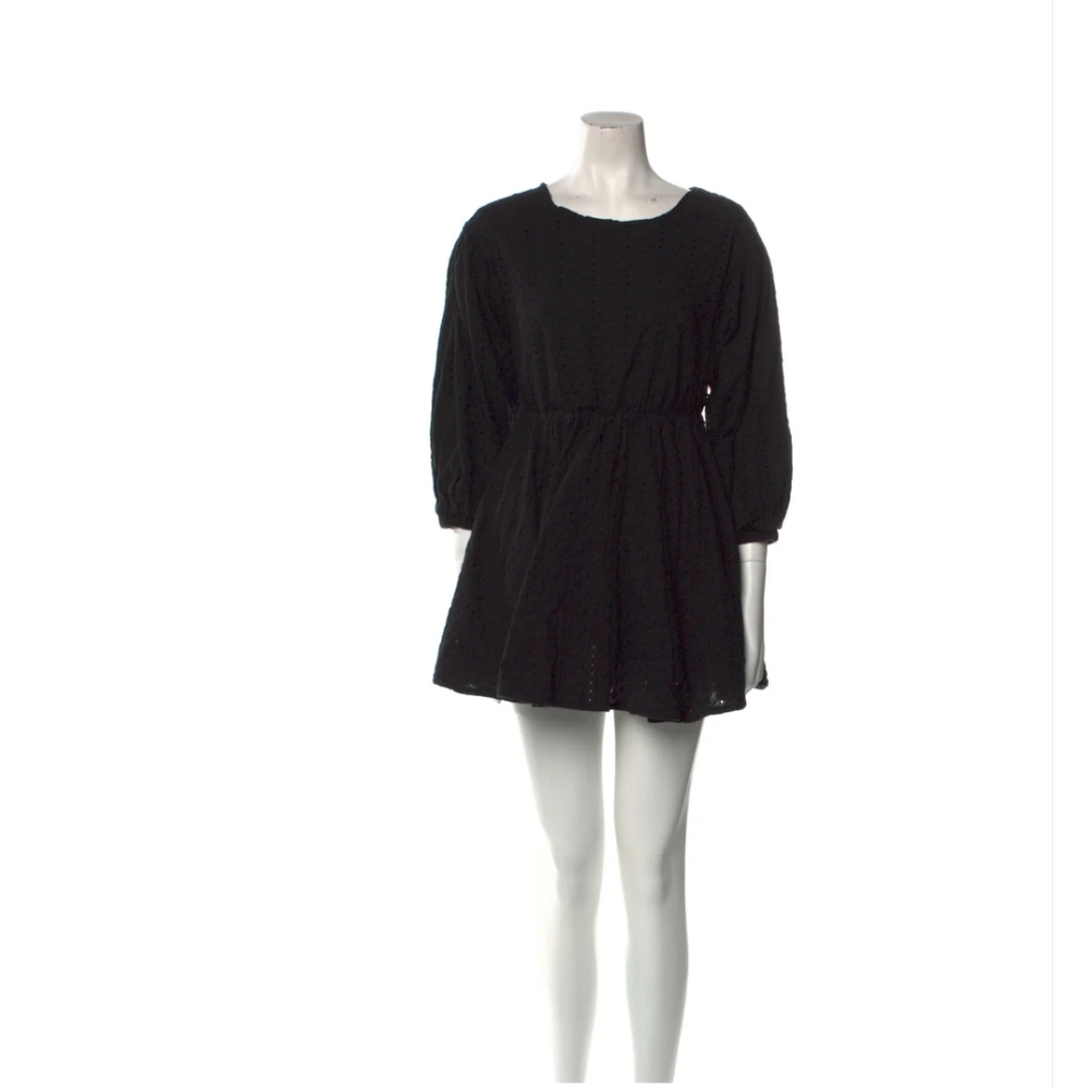 The Andamane Black Eyelet Mini Dress with Bishop Sleeves